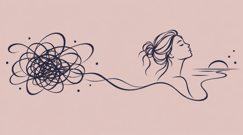 illustratie van een vrouw met gedachtenwolk hypnotherapie bij praktijk top in veen
